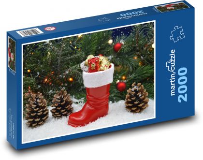 Vánoční bota - šišky, vánoční dekorace - Puzzle 2000 dílků, rozměr 90x60 cm