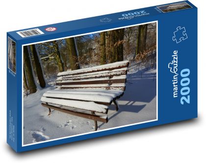 Lavička - sníh, zima - Puzzle 2000 dílků, rozměr 90x60 cm