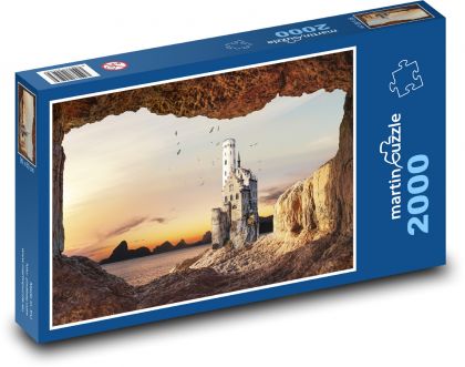 Hrad u moře - jeskyně, létající ptáci - puzzle 2000 dílků