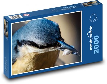 Brhlík modrý - pták zblízka, jídlo - Puzzle 2000 dílků, rozměr 90x60 cm