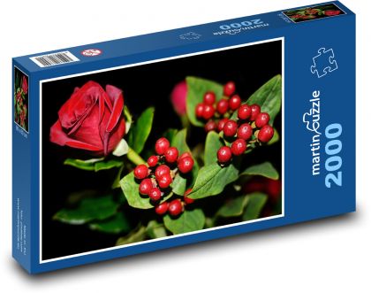 Červená růže - kytice, červené bobule - Puzzle 2000 dílků, rozměr 90x60 cm