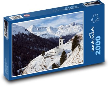 Zimowy krajobraz - zaśnieżone góry, kościół - Puzzle 2000 elementów, rozmiar 90x60 cm
