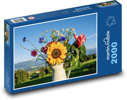 Kytice květin - slunečnice, růže - Puzzle 2000 dílků, rozměr 90x60 cm