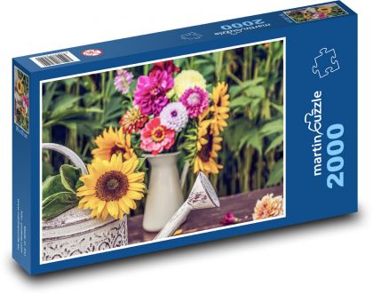 Slunečnice - kytice, jiřiny - Puzzle 2000 dílků, rozměr 90x60 cm