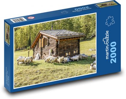 Vysokohorská chata - pastvina, ovce  - Puzzle 2000 dílků, rozměr 90x60 cm