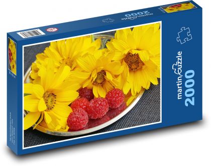 Žluté květiny - maliny, ovoce - Puzzle 2000 dílků, rozměr 90x60 cm