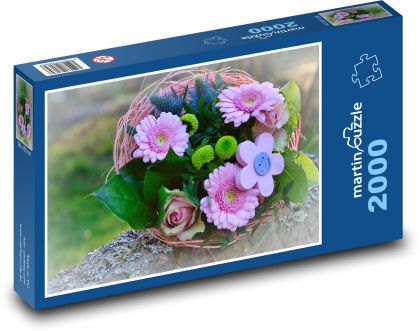 Růžová kytice - květiny ke dni matek, gerbery - puzzle 2000 dílků