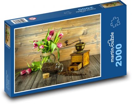 Káva - mlynček, tulipány - Puzzle 2000 dielikov, rozmer 90x60 cm 