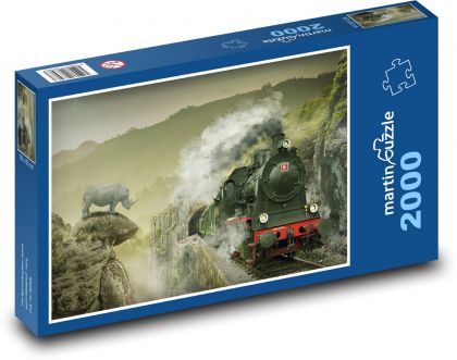 Parní lokomotiva - nosorožec, vlak - puzzle 2000 dílků