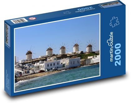 Mykonos - Grécko, veterné mlyny - Puzzle 2000 dielikov, rozmer 90x60 cm 