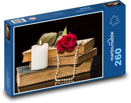 Růže, knihy, svíčka - Puzzle 260 dílků, rozměr 41x28,7 cm