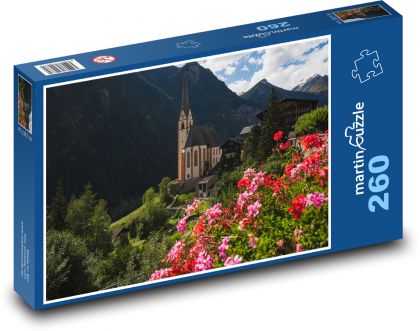 Rakúsko - Alpy, kostol - Puzzle 260 dielikov, rozmer 41x28,7 cm