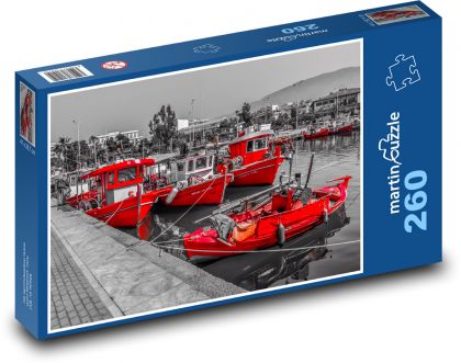 Rote Fischerboote im Hafen - Schwarz-Weiß-Kontrast - Puzzle - 260 Teile