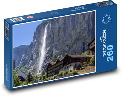 Švýcarsko - vodopád, Alpy - Puzzle 260 dílků, rozměr 41x28,7 cm
