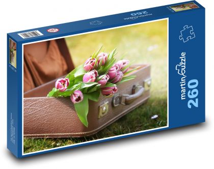 Tulipány - kufr, květiny - Puzzle 260 dílků, rozměr 41x28,7 cm