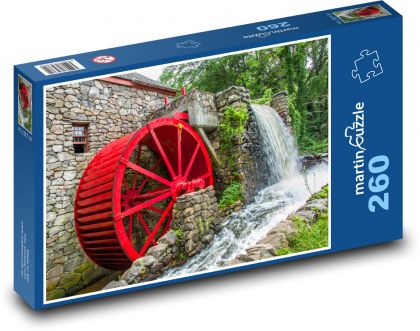 Vodní mlýn - červené kolo, vodopád - Puzzle 260 dílků, rozměr 41x28,7 cm