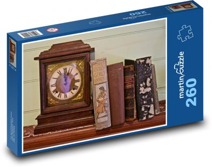 Drevené hodiny - knihy, starožitné - Puzzle 260 dielikov, rozmer 41x28,7 cm