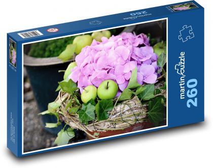 Różowe kwiaty - hortensje, jabłka - Puzzle 260 elementów, rozmiar 41x28,7 cm