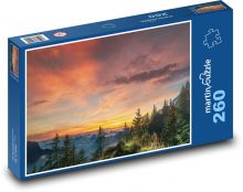 Zachód słońca nad drzewami - las, chmury Puzzle 260 elementów - 41x28,7 cm
