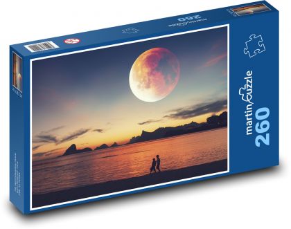 Západ slunce u jezera - měsíc, večer - puzzle 260 dílků