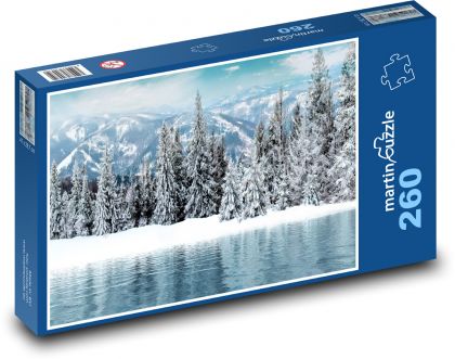 Zasněžená krajina - les v zimě, jezero - puzzle 260 dílků