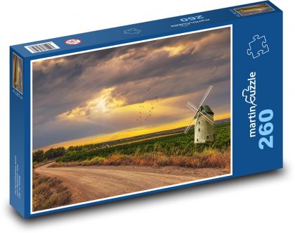 Větrný mlýn na poli - cesta, západ slunce - Puzzle 260 dílků, rozměr 41x28,7 cm