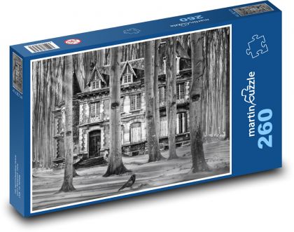 Dom w lesie - drzewa, wrona - Puzzle 260 elementów, rozmiar 41x28,7 cm