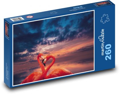 Plameňáci u jezera - západ slunce, ptác - Puzzle 260 dílků, rozměr 41x28,7 cm