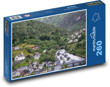 Norsko - řeka, domy - Puzzle 260 dílků, rozměr 41x28,7 cm
