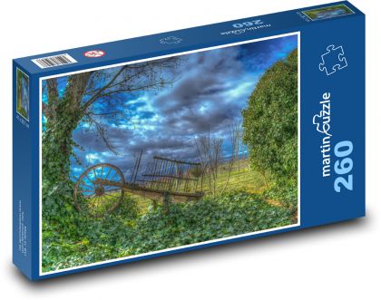 Dřevěný vozík - krajina, příroda - puzzle 260 dílků