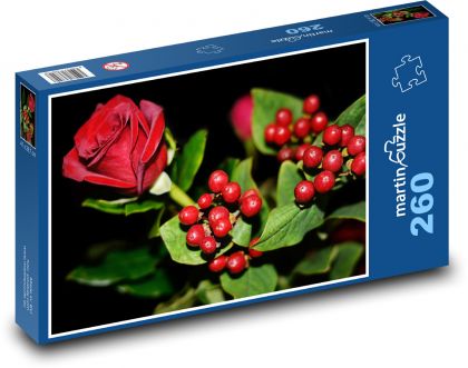 Červená růže - kytice, červené bobule - Puzzle 260 dílků, rozměr 41x28,7 cm