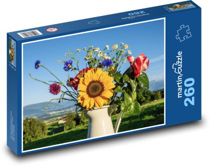 Kytice květin - slunečnice, růže - Puzzle 260 dílků, rozměr 41x28,7 cm
