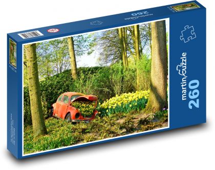 Volkswagen beetle - car wreck, daffodils - Puzzle 260 pieces, size 41x28.7 cm 