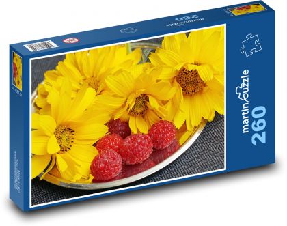 Žluté květiny - maliny, ovoce - Puzzle 260 dílků, rozměr 41x28,7 cm