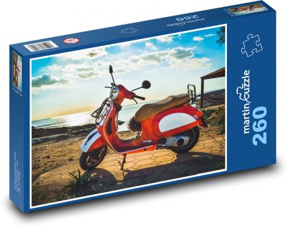 Vespa - červená motorka, moře - Puzzle 260 dílků, rozměr 41x28,7 cm