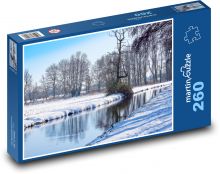 Rzeka zimą - śnieg, drzewa Puzzle 260 elementów - 41x28,7 cm