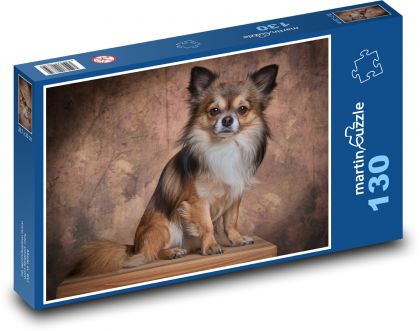 Chihuahua, long-haired, sitting dog - Puzzle 130 pieces, size 28.7x20 cm 