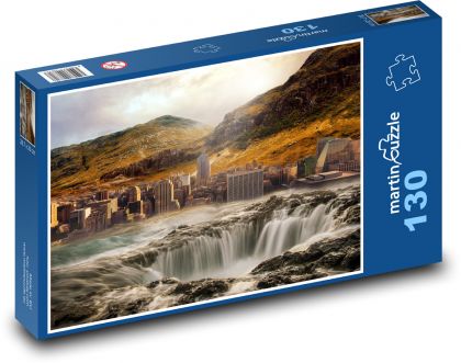 Fantazyjne miasto przy wodospadzie - Puzzle 130 elementów, rozmiar 28,7x20 cm