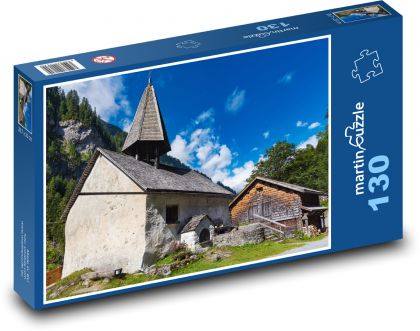 Kostel, venkov, hory - Puzzle 130 dílků, rozměr 28,7x20 cm