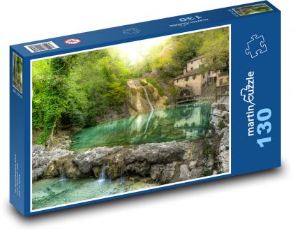 Stary młyn przy wodospadzie - Puzzle 130 elementów, rozmiar 28,7x20 cm