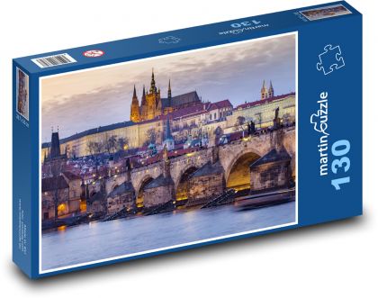 Praha při západu slunce - Karlův most a Pražský hrad - puzzle 130 dílků