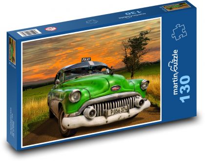 Green taxi at sunset - Puzzle 130 pieces, size 28.7x20 cm 