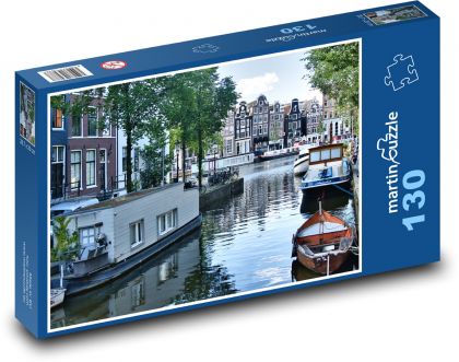 Amsterdam - kanál, lodě - Puzzle 130 dílků, rozměr 28,7x20 cm