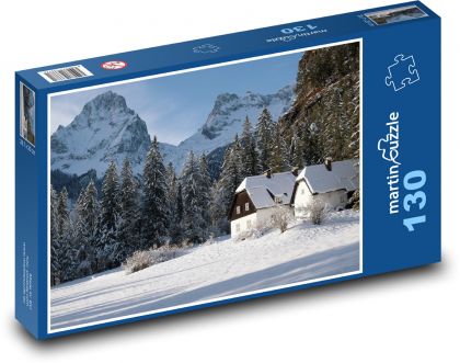 Zimní krajina - hory, dům - Puzzle 130 dílků, rozměr 28,7x20 cm
