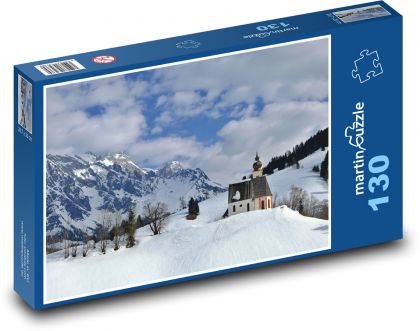 Zimowy krajobraz - kościół, śnieg - Puzzle 130 elementów, rozmiar 28,7x20 cm