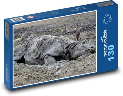 Nosorožec - bahno, koupel - Puzzle 130 dílků, rozměr 28,7x20 cm