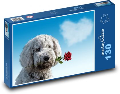 Pes - růže. Valentýn - Puzzle 130 dílků, rozměr 28,7x20 cm