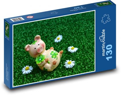 Piglet with four-leaf clover on grass - Puzzle 130 pieces, size 28.7x20 cm 