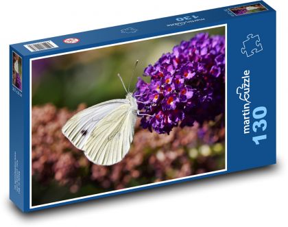 Bílý motýl - květ, křídla - Puzzle 130 dílků, rozměr 28,7x20 cm