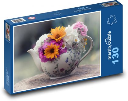 Kytice - konvice na čaj, květiny - Puzzle 130 dílků, rozměr 28,7x20 cm